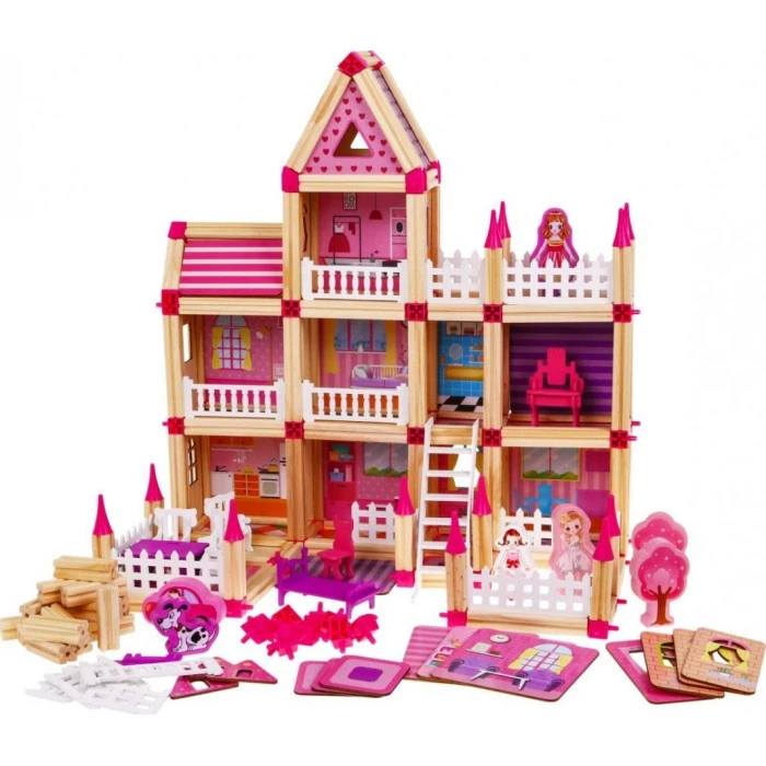 Дерев'яні конструктори для дітей 3+ Рожевий набір МЕГА 268 ел. Замок для принцес