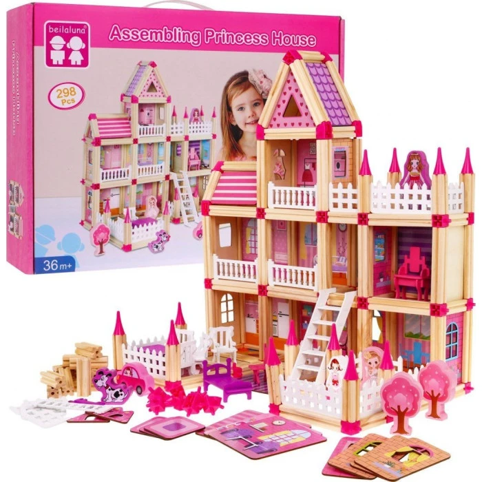 Дерев'яні конструктори для дітей 3+ Рожевий набір МЕГА 268 ел. Замок для принцес