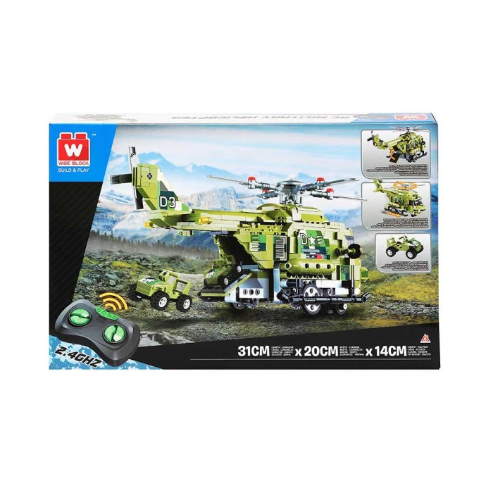 Детский конструктор Alpha Военный вертолет и машинка на дистанционном управлении 676 эл, зелено-черный