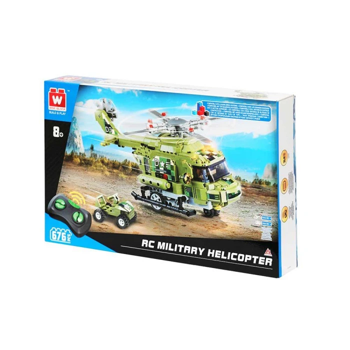 Детский конструктор Alpha Военный вертолет и машинка на дистанционном управлении 676 эл, зелено-черный