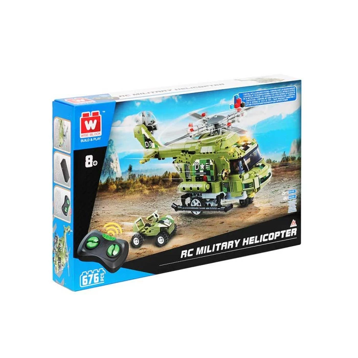 Детский конструктор Alpha Военный вертолет и машинка на дистанционном управлении 676 эл, зелено-черный