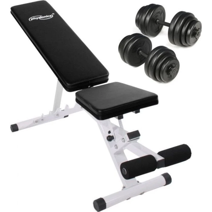 Багатофункціональна тренажерна лава + короткі гантелі, 30 кг