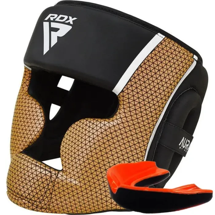 Шлем боксерский с капой RDX AURA PLUS T-17 размер XL, черно-золотистый