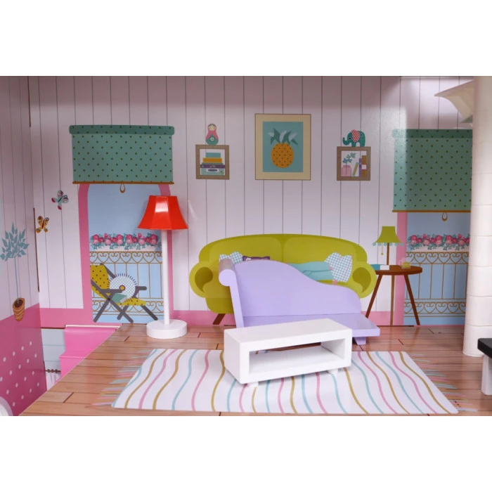 Кукольный домик деревянный розовый для детей 3+ аксессуары мебель + 3 этажа