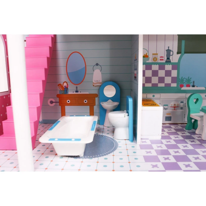 Кукольный домик деревянный розовый для детей 3+ аксессуары мебель + 3 этажа