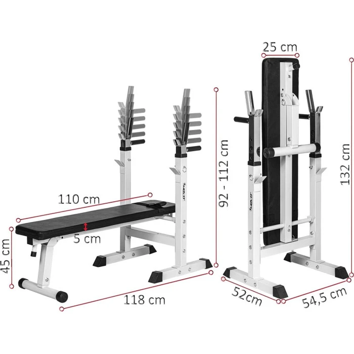Белый столик Movit для штанги, скамейка для упражнений и стойки