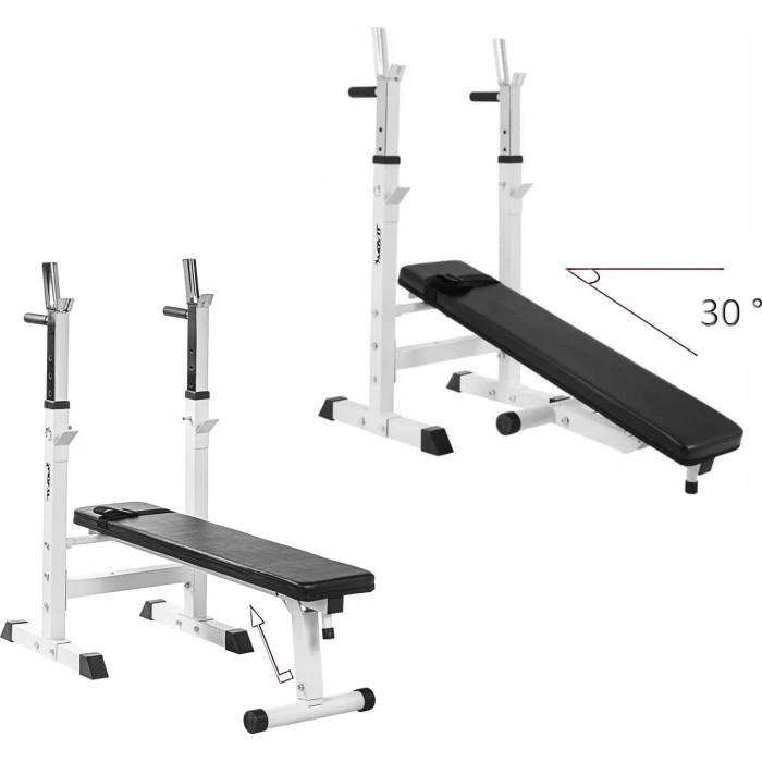 Белый столик Movit для штанги, скамейка для упражнений и стойки