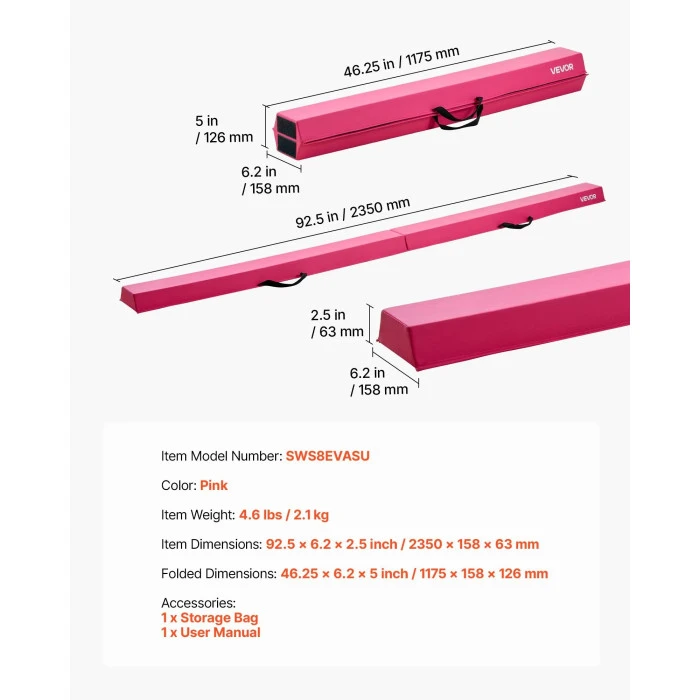 Детская гимнастическая балка VEVOR SWS8EVASU 233 см, розовая