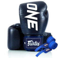 Перчатки боксерские кожаные с бинтами Fairtex BGV1-ONE 10 унций, темно-синие