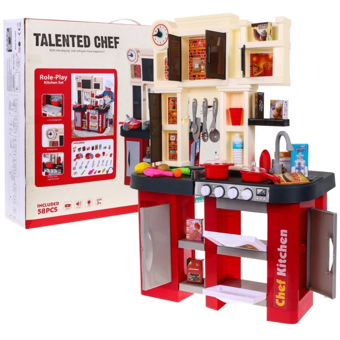 Детская бордовая кухня 3+ Конфорки со звуком и светом + Водопроводный кран + Аксессуары 58 шт.