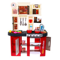 Детская бордовая кухня 3+ Конфорки со звуком и светом + Водопроводный кран + Аксессуары 58 шт.