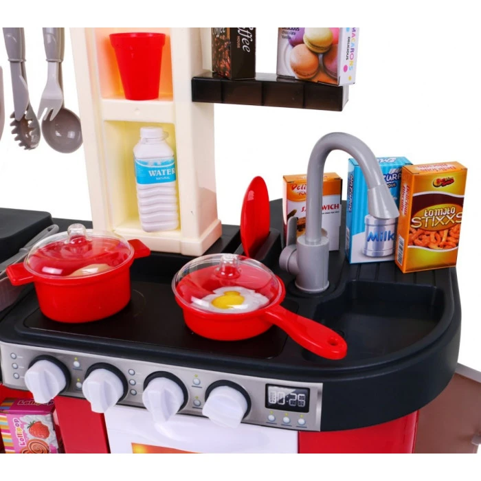 Детская бордовая кухня 3+ Конфорки со звуком и светом + Водопроводный кран + Аксессуары 58 шт.