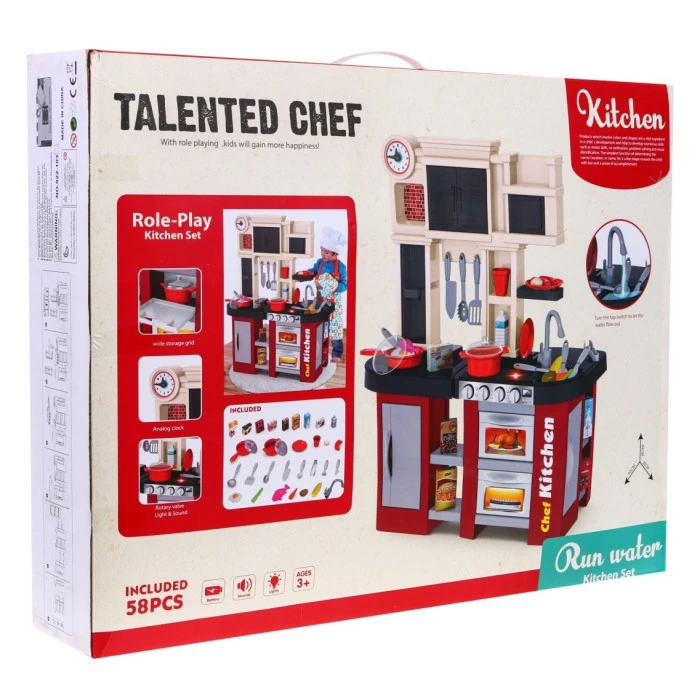 Детская бордовая кухня 3+ Конфорки со звуком и светом + Водопроводный кран + Аксессуары 58 шт.