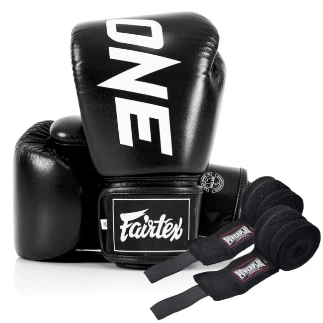 Перчатки боксерские кожаные с бинтами Fairtex BGV1-ONE 10 унций, черные