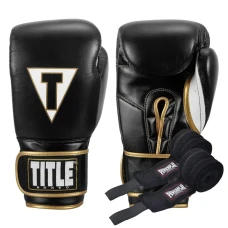 Перчатки боксерские кожаные с бинтами TITLE Boxeo Mexican размер 12 унций, черно-белые