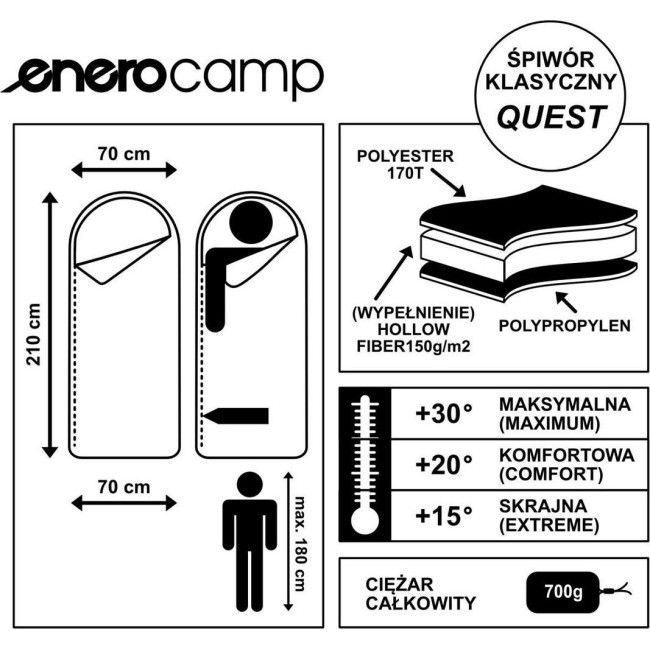 Туристический спальник квест 210x70см зеленый Enero camp