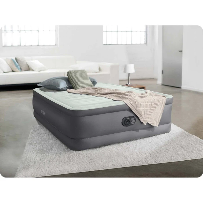Надувная кровать полуторная Intex 64904 ND Серо-оливковый (137-191-46см) со встроенным электрическим насосом