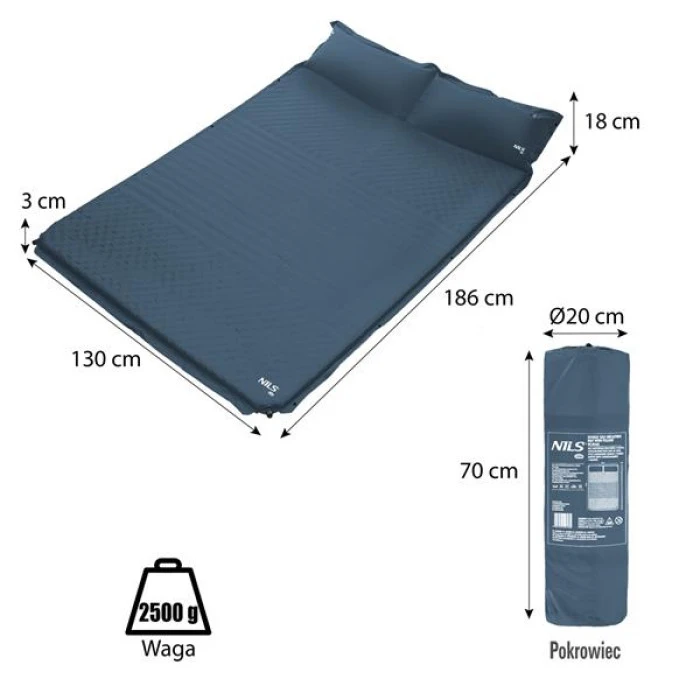Коврик двухместный самонадувающийся с подушкой NILS CAMP NC4060, 186 х 130 х 3 см - серый
