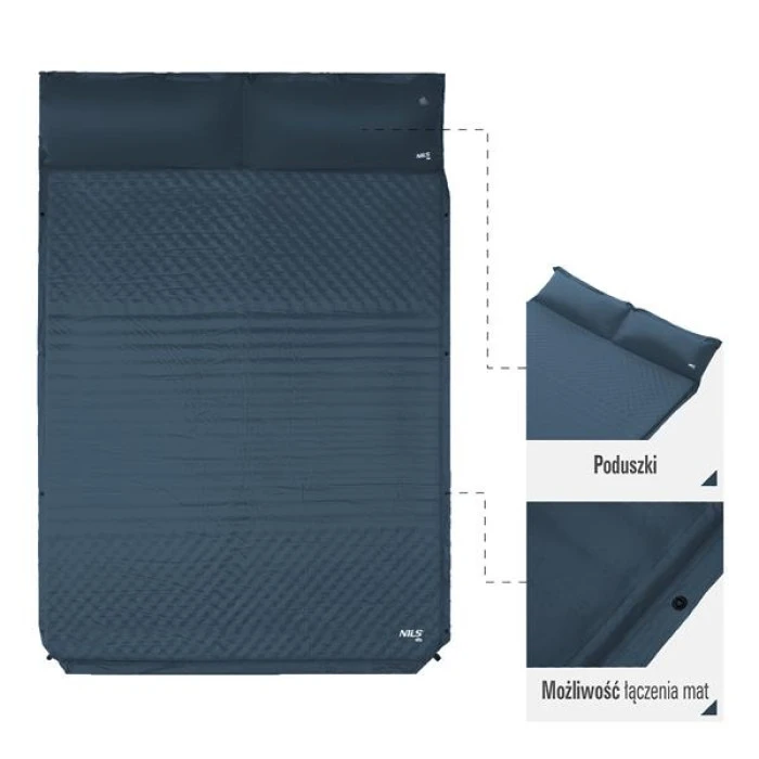 Коврик двухместный самонадувающийся с подушкой NILS CAMP NC4060, 186 х 130 х 3 см - серый