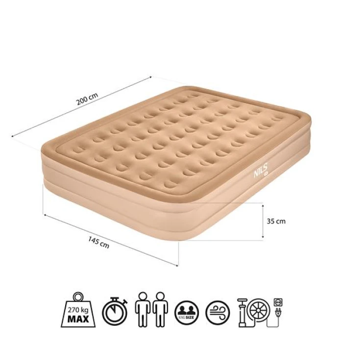 Матрац надувний двомісний NILS CAMP NC2808 з електронасосом 200 х 145 х 35, бежевий