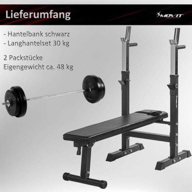 Скамейка Movit Fitness + набор гантелей 30 кг.