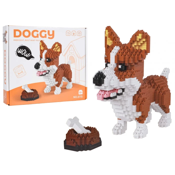 Детский конструктор Ramiz 6115 Welsh Corgi с мисочкой на костью 1200 эл, коричнево-белый