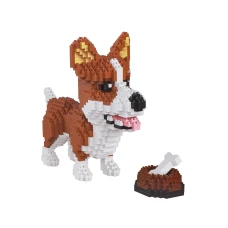 Детский конструктор Ramiz 6115 Welsh Corgi с мисочкой на костью 1200 эл, коричнево-белый