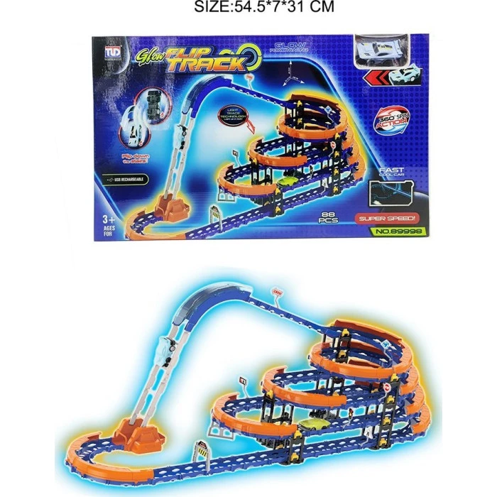 Автотрек с лестницей 3+ Элементы конструкции 90 шт. + Авто со светодиодами + Аксессуары