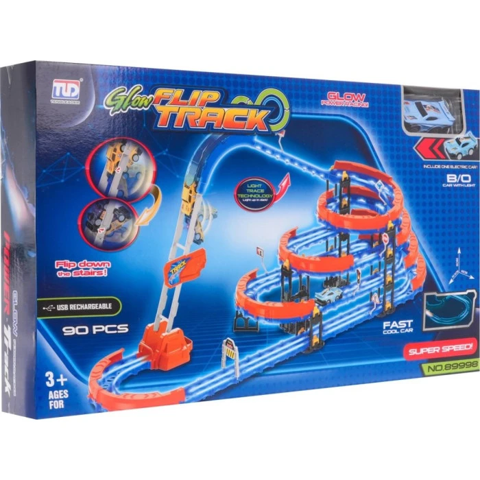 Автотрек с лестницей 3+ Элементы конструкции 90 шт. + Авто со светодиодами + Аксессуары