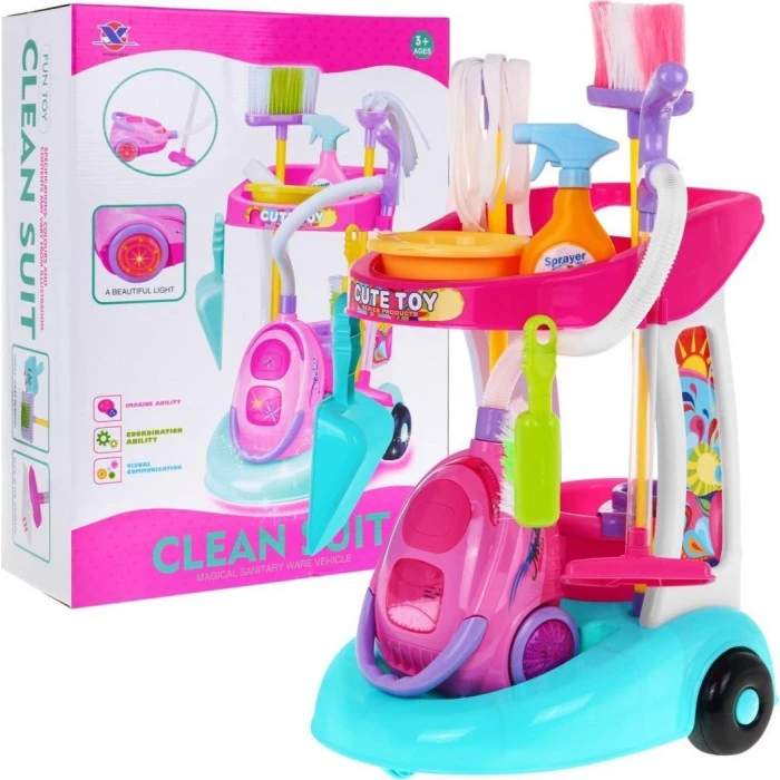 Тележка для уборки большая детская 3+ Интерактивный пылесос + Швабра Метла Совок + Аксессуары 10 шт.