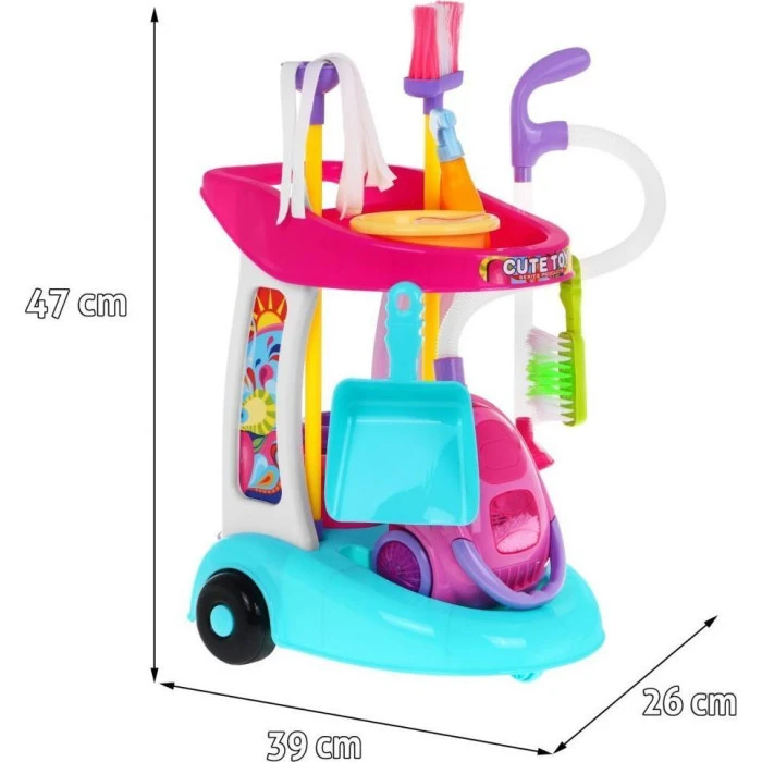 Тележка для уборки большая детская 3+ Интерактивный пылесос + Швабра Метла Совок + Аксессуары 10 шт.