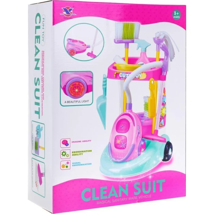 Тележка для уборки большая детская 3+ Интерактивный пылесос + Швабра Метла Совок + Аксессуары 10 шт.