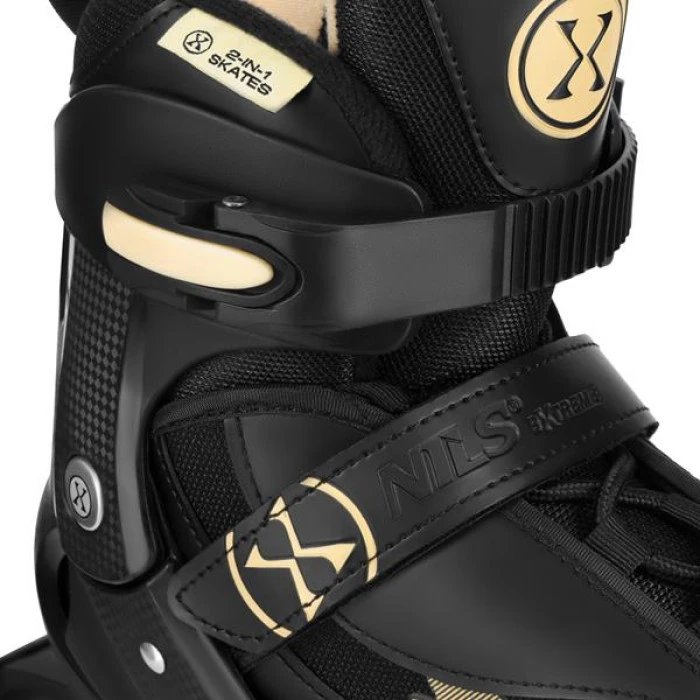 Роликовые коньки 2в1 NILS EXTREME NH382 размер S 32-35, черно-золотистые