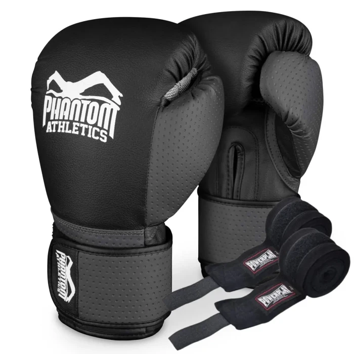 Перчатки боксерские с бинтами Phantom Reaper размер 12 унций, черно-серые
