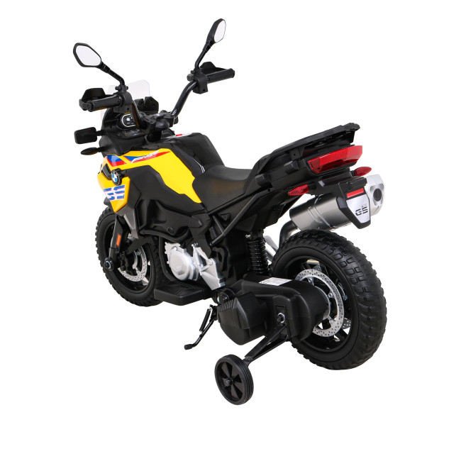 Дитячий акумуляторний мотоцикл BMW F850 GS Жовтий + Опорні колеса + Аудіо LED + Free Start + EVA