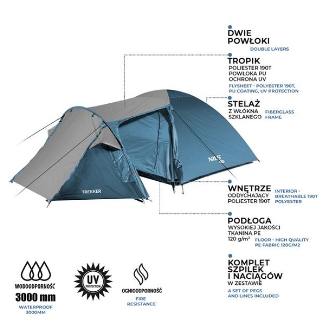 Кемпинговая палатка NILS CAMP NC6012 TREKKER серо-голубая