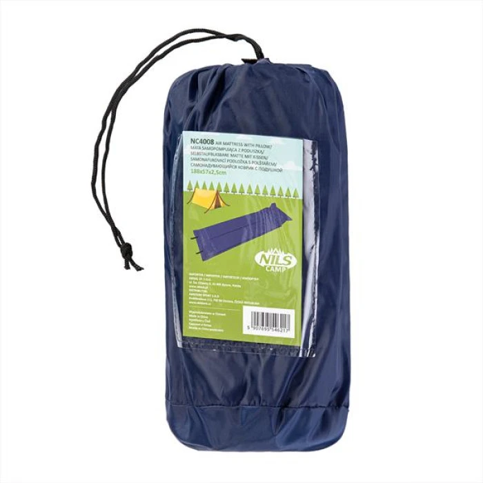 Коврик самонадувающийся с подушкой NILS CAMP NC4008, 188 х 57 х 2,7 см - синий