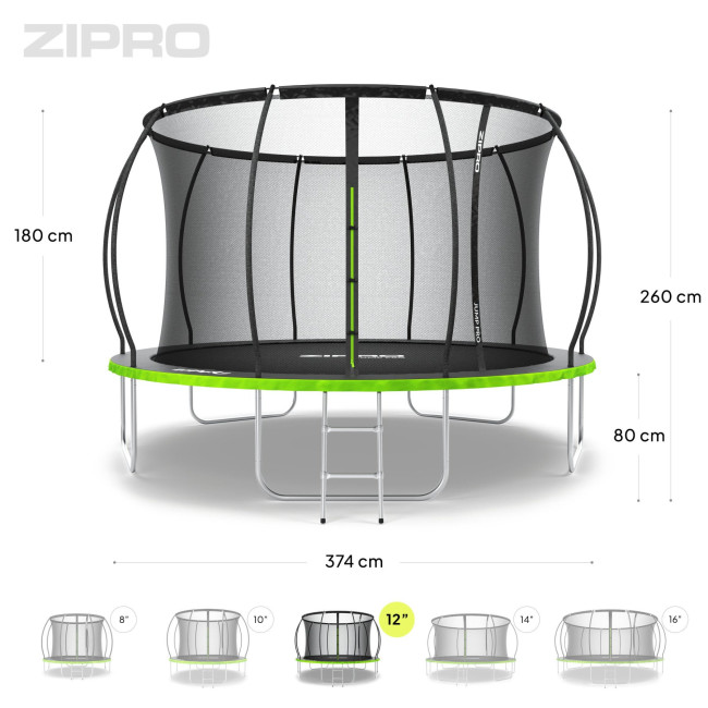 Батут Zipro Jump Pro Premium с внутренней сеткой 12 футов 374 см черно-зеленый