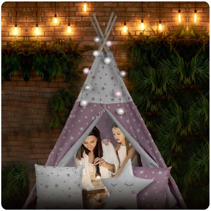 Вигвам детский с фонариками Nukido розовый со звездочками