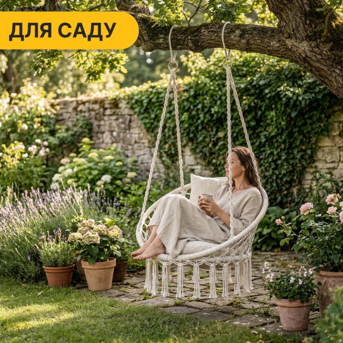 Підвісне плетене крісло-гойдалка LEOBRO Boho Comfort XL 80 см Cream (LB-1109)