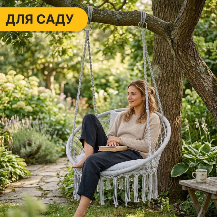 Підвісне плетене крісло-гойдалка LEOBRO Boho Comfort XL 80 см Grey (LB-1110)