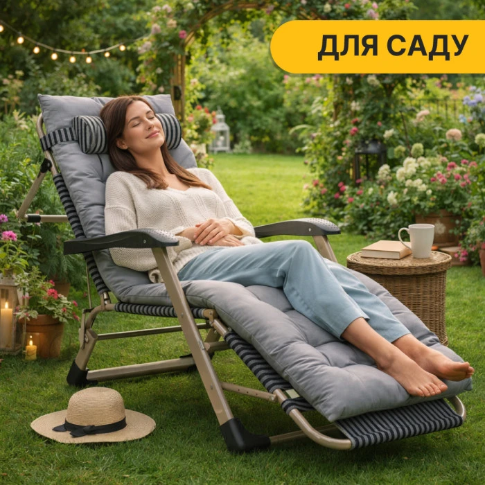 Розкладне крісло шезлонг з подушкою LEOBRO Темна смужка