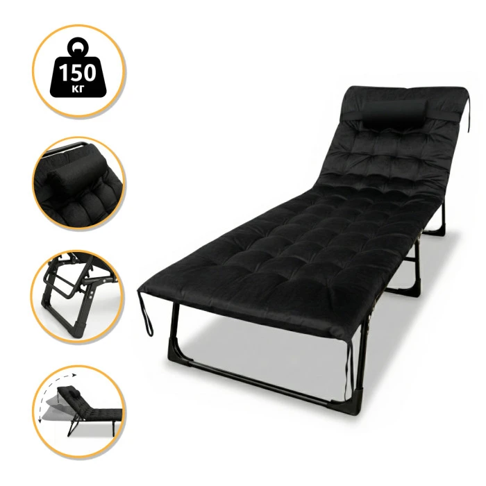 Розкладне ліжко (розкладачка) з оксамитовим матрацом і подушкою LEOBRO Black (LB-FB-A3-BLK)
