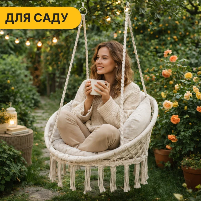 Підвісне плетене крісло-гойдалка LEOBRO Boho Deluxe XL 80 см Cream (LB-1112)
