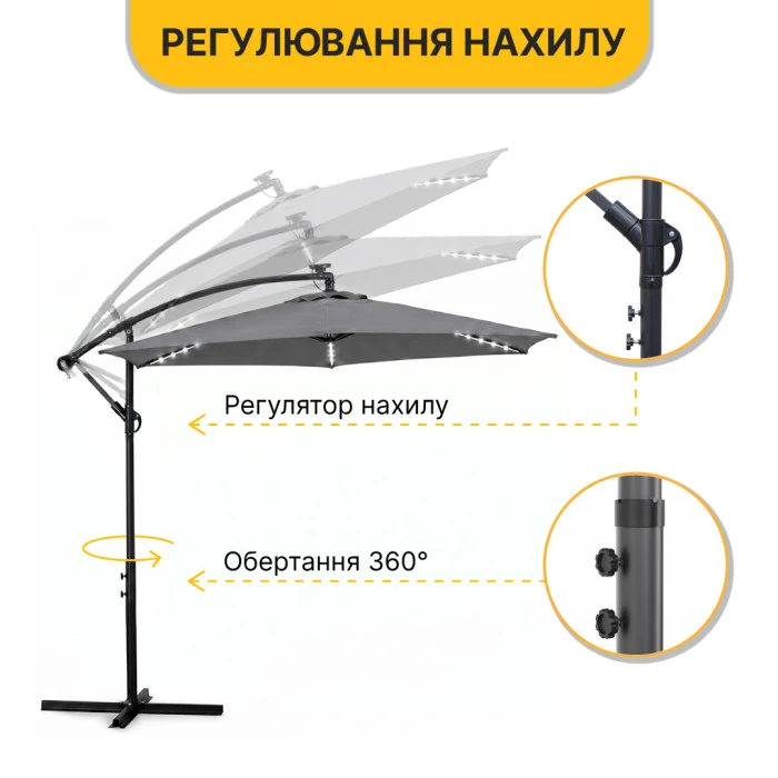 Складной садовый зонтик с боковым удлинителем и LED подсветкой LEOBRO Серая (LB-1083)