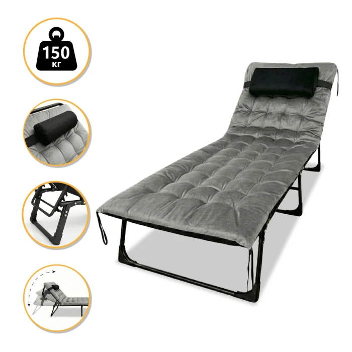 Розкладне ліжко (розкладачка) з оксамитовим матрацом і подушкою LEOBRO Grey (LB-FB-A3-GRY)
