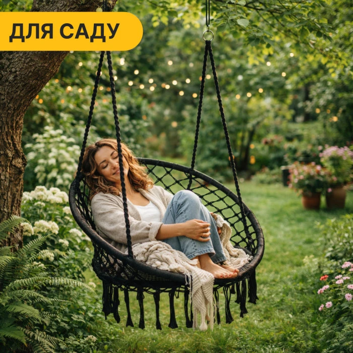 Підвісне плетене крісло-гойдалка LEOBRO Boho XL 80 см Black (LB-1102)