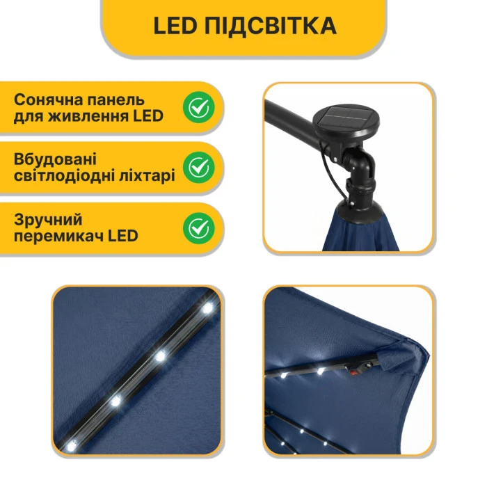 Складной садовый зонтик с боковым удлинителем и LED подсветкой LEOBRO Синяя (LB-1086)