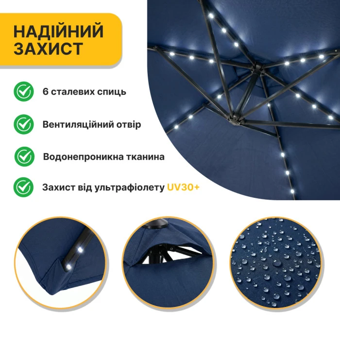 Складной садовый зонтик с боковым удлинителем и LED подсветкой LEOBRO Синяя (LB-1086)