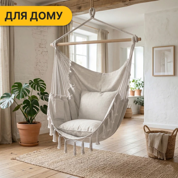 Підвісне бразильське крісло-гамак LEOBRO XL Cream з подушками (LB-1115)